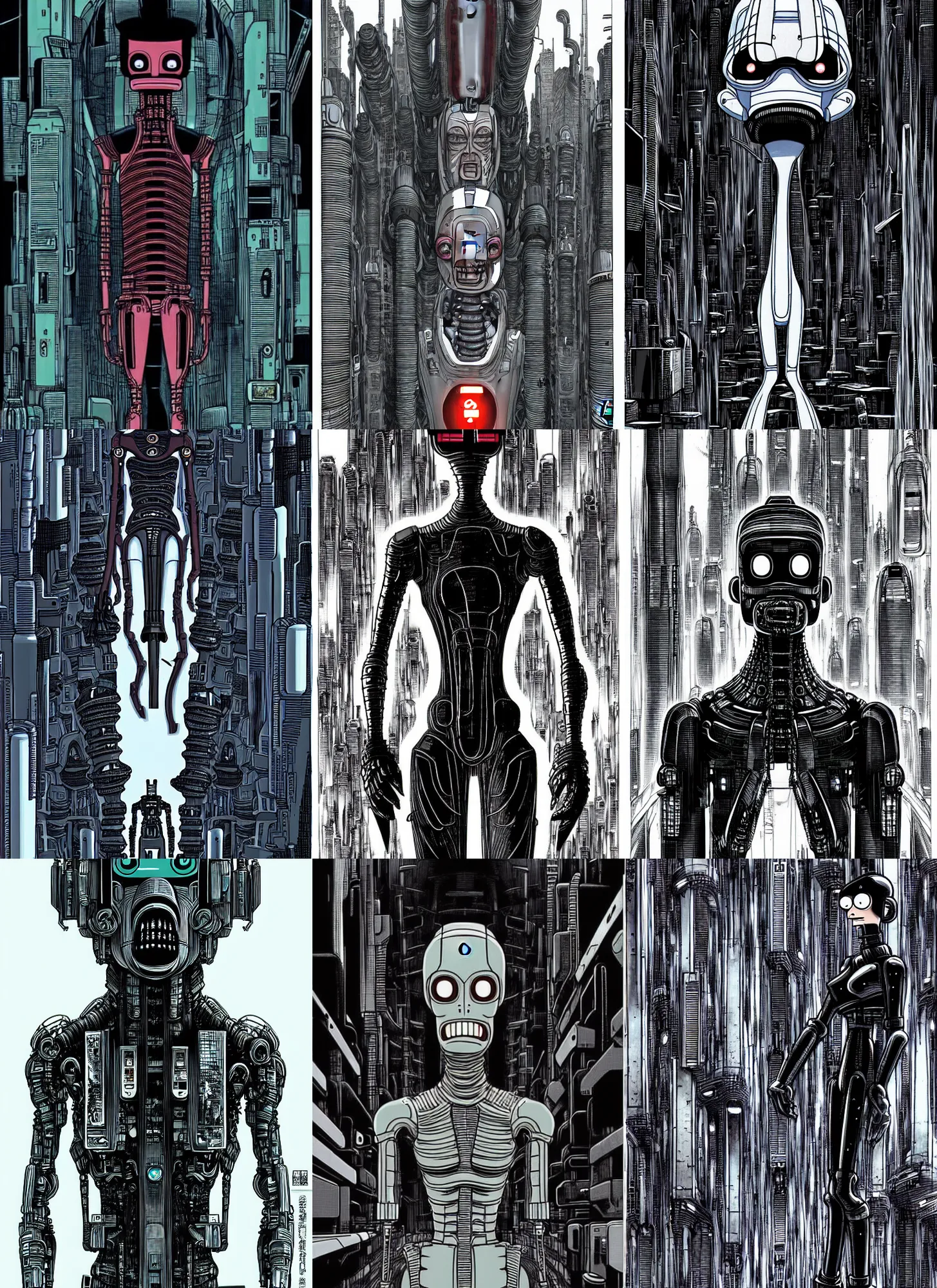 Image similar to portrait bender from futurama in futuristic city, by tsutomu nihei, by h. r. giger