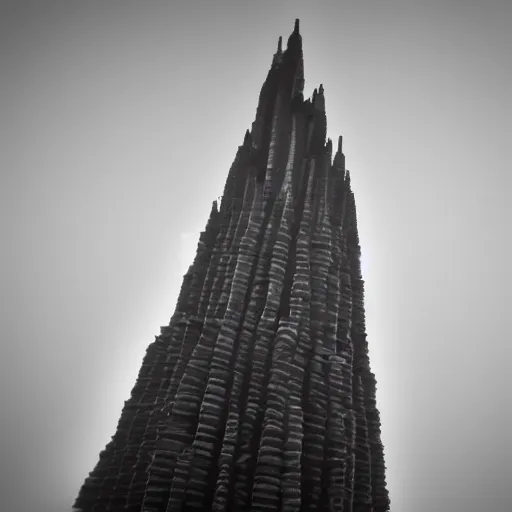 Image similar to the infinite spire stretches endlessly from the mist. stacks of jumbled buildings make up the impossible rainbow architecture.