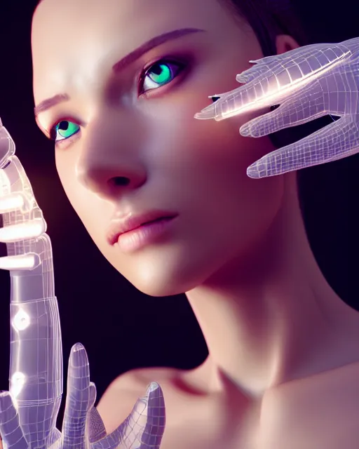 Image similar to a 3 d render of a beautiful female translucent cyborg trying to fix her broken head with futuristic tools, dreamy, elegant photorealistic, cinematic, octane render,