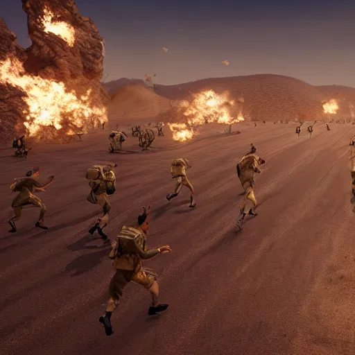 Image similar to battlefield 2 0 4 2 style army of jews running across the desert towards a pile of gold bullion, unreal engine 5, 8 k, cinematic,