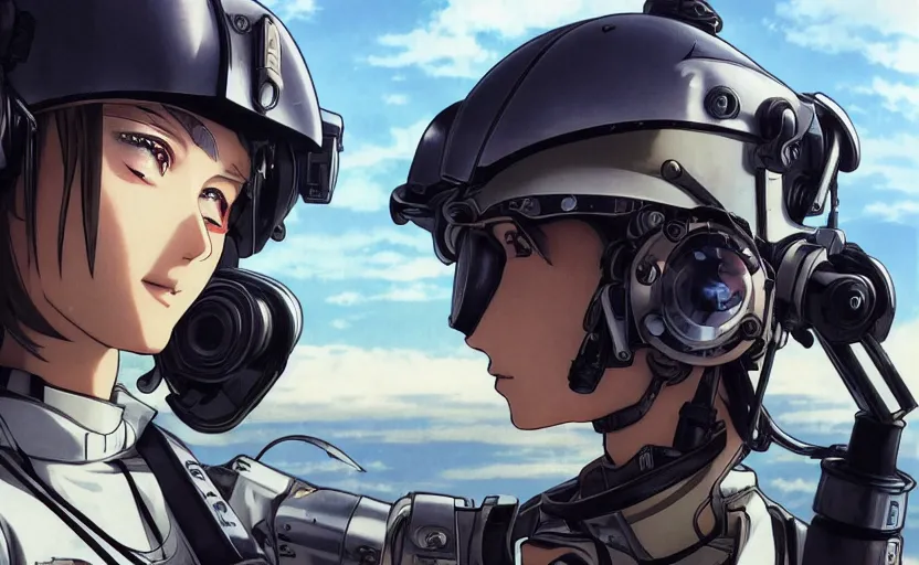 Prompt: pilot girl, cyborg aircraft parts, anime style, vintage pilot clothing, shoulder eyes, last exile anime, hair down, symmetrical facial features, from arknights, hyper realistic, 4 k, rule of thirds, extreme detail, detailed drawing, trending artstation, realistic lighting, by alphonse mucha, greg rutkowski, military airport in bg