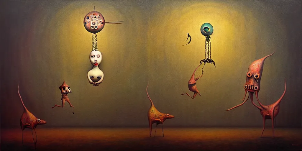 Image similar to trapped on the hedonic treadmill, dark surreal painting by ronny khalil, shaun tan, and leonora carrington