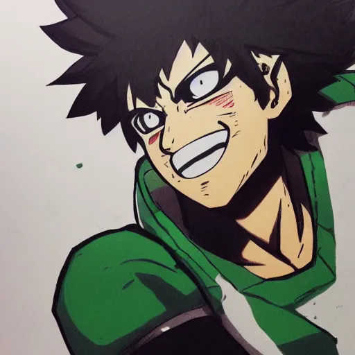 Image similar to Portrait of Izuku Midoriya from My Hero Academia, in the style of Yoji Shinkawa, trending on art station, concept art, highly detailed, dynamic pose