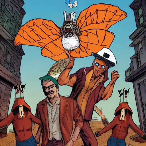 Image similar to ripped physique winged man Norm MacDonald disguised as a mothra whilst wearing a traffic cone hat cliff chiang roc upchurch brian k. vaughan vanesa r. del ray joelle jones mike mignola