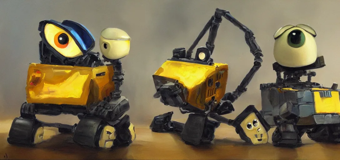 Prompt: Oil Painting of Wall E and Eva