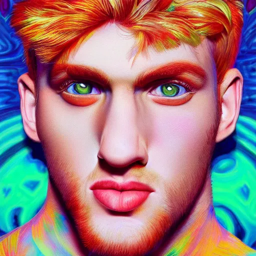 Image similar to an extremely psychedelic portrait of jake paul, surreal, lsd, face, detailed, intricate, elegant, lithe, highly detailed, digital painting, artstation, concept art, smooth, sharp focus, illustration