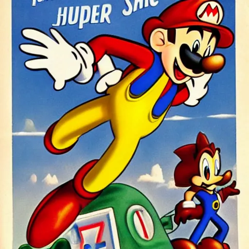 Image similar to 1940s disney film about super mario and sonic the hedgehog