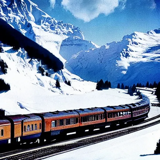 Prompt: Stunning photograph of The Orient Express navigating The Alps by genius photographer Hercule Poirot