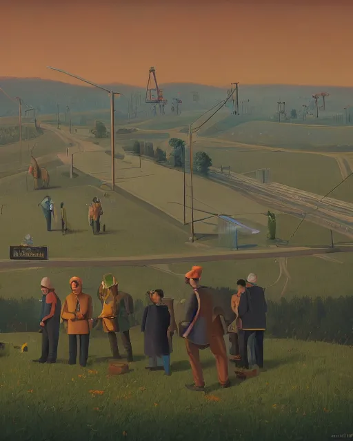 Image similar to the digital workers being robbed of their time and money by corporate overlords by Simon Stålenhag and Grant Wood, oil on canvas