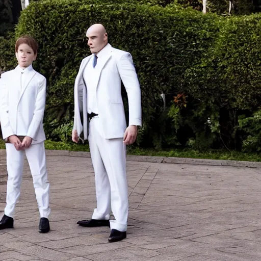 Image similar to hitman agent 4 7 stand wearing white suit and look dissapointed of his fat son. realistic. 4 k. 8 k.