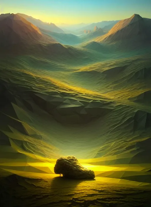 Image similar to a hyper - detailed 3 d render like a oil painting of dawn in the low - poly hills, surrealism!!!!! surreal concept art, lifelike, photorealistic, digital painting, aesthetic, smooth, sharp focus, artstation hd, by greg rutkowski, chris tulloch mccabe, valentina remenar, krenz cushart and asher duran,