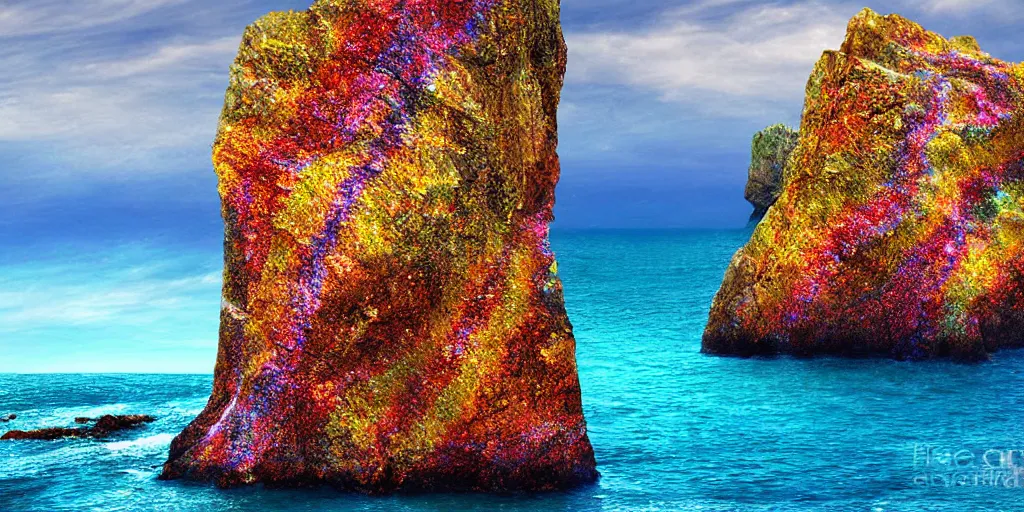 Image similar to glittering multicolored crystal cliffs, viewed from the ocean, high quality digital art,