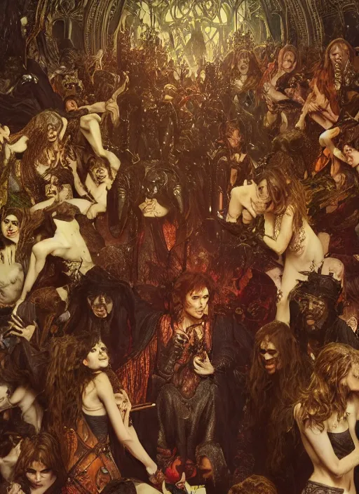 Image similar to hyperdetailed demonic crowd inside huge covens den, intricate wiccan scene detailing, photorealistic hell, art by john collier, albert aublet, krenz cushart, artem demura, alphonse mucha, diffuse lighting, artstation, smooth, textless, sharp focus,