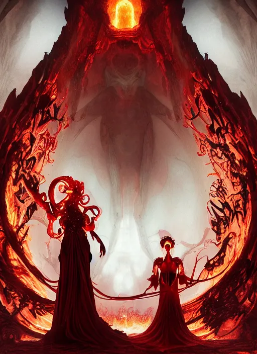 Image similar to flaming nether underworld throne room, anthropomorphic devil woman wearing a plether bubble couture red and black stretched plether day dress, paper demons, many origami flames, ethereal, fantasy, nether, Lawrence Alma-Tadema, James Jean, oozium, peter morbacher, angelarium, alchemy, luxury, heavenly light, Soft illumination, Trending on artstation, Cinematic Lighting, very detailed, 3D, octane render, artgerm