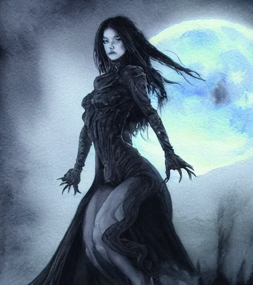 Image similar to portrait, female dark Witch in front of the full big moon, watercolor, dramatic lighting, cinematic, establishing shot, extremely high detail, foto realistic, cinematic lighting, pen and ink, intricate line drawings, by Yoshitaka Amano, Ruan Jia, Kentaro Miura, Artgerm, post processed, concept art, artstation, matte painting, style by eddie mendoza, raphael lacoste, alex ross