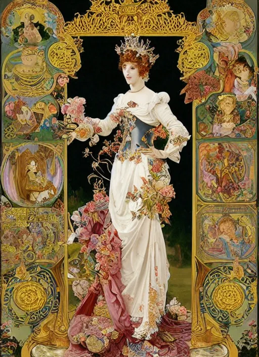 Prompt: a magnificent robot young queen elizabeth of england, neo - rococo gilded engraved armor with precious stones, a heavy richly embroidered velvet cloak, with lush rose bush all around, by victor ngai, alphonse mucha, william bouguereau, william morris, symmetrical features, symmetrical pose, wide angle shot, head to toe, standing pose, feet on the ground