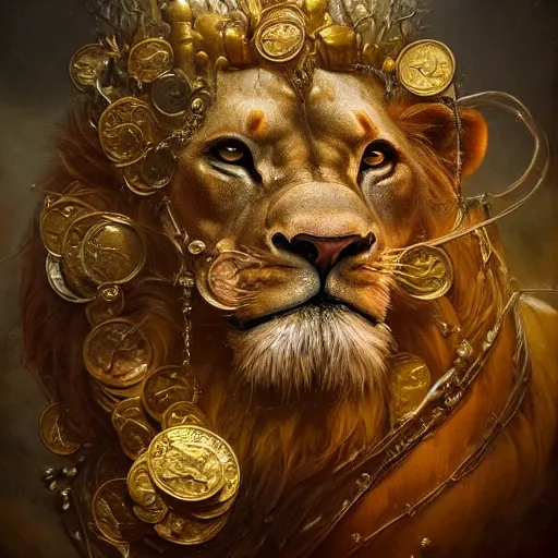 Image similar to a beautiful detailed 3 d matte portrait of a alchemist lion, by ellen jewett, by tomasz alen kopera, by justin gerard, ominous, magical realism, texture, intricate, skull, skeleton, gold coins, money, whirling smoke, alchemist bottles, radiant colors, fantasy, volumetric lighting, high details