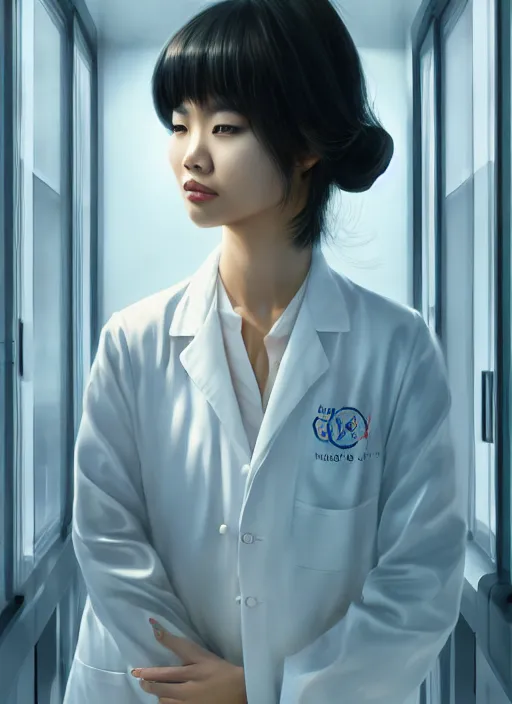 Image similar to beautiful asian girl, wearing lab coat, standing inside a research facility, character portrait, 1 9 6 0 s, long hair, intricate, elegant, highly detailed, digital painting, artstation, concept art, smooth, sharp focus, illustration, art by wlop, mars ravelo and greg rutkowski
