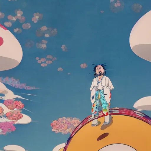 Image similar to a man walking on clouds away from the camera above kyoto by takashi murakami, beeple and james jean, aya takano color style, 4 k, super detailed, modern, 4 k, symmetrical