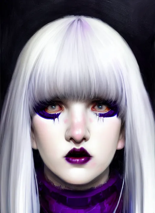 Image similar to portrait of white teenage girl, normal face, white bangs, mall goth, cyberlox, black and white hair, bangs, fluffy bangs, red contact lenses, purple lipstick, intricate, elegant, highly detailed, digital painting, artstation, concept art, sharp focus, smooth, illustration, art by wlop, mars ravelo and greg rutkowski