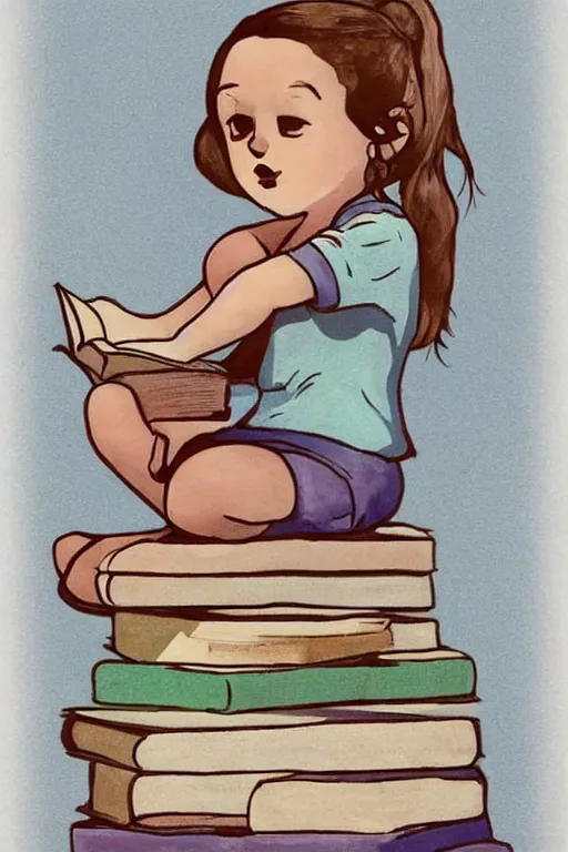 Prompt: a little girl sits cross legged on top of a tall pile of books. she is reading. clean elegant pretty cartoon painting, flat colors, beautiful detailed face.