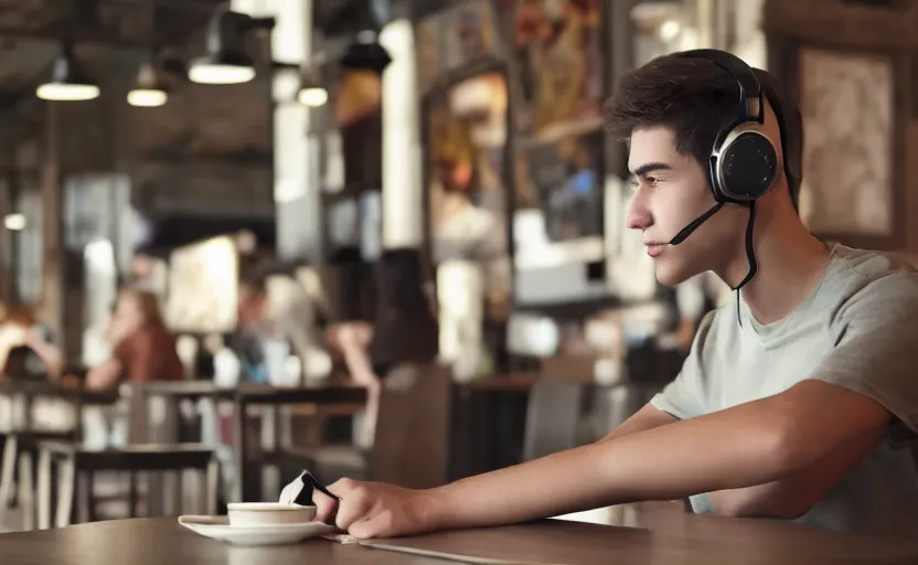 Prompt: a male teenager with headphones in a cafe sitting in front of a table with a coffee, digital painting, masterpiece, digital art, concept art, octane render, unreal engine 5, trending on deviantart, highly detailed, high quality, 4 k, cartoon, high coherence, realistic, anatomically correct, five fingers, relaxing, realistic and detailed face, beautiful, elegant