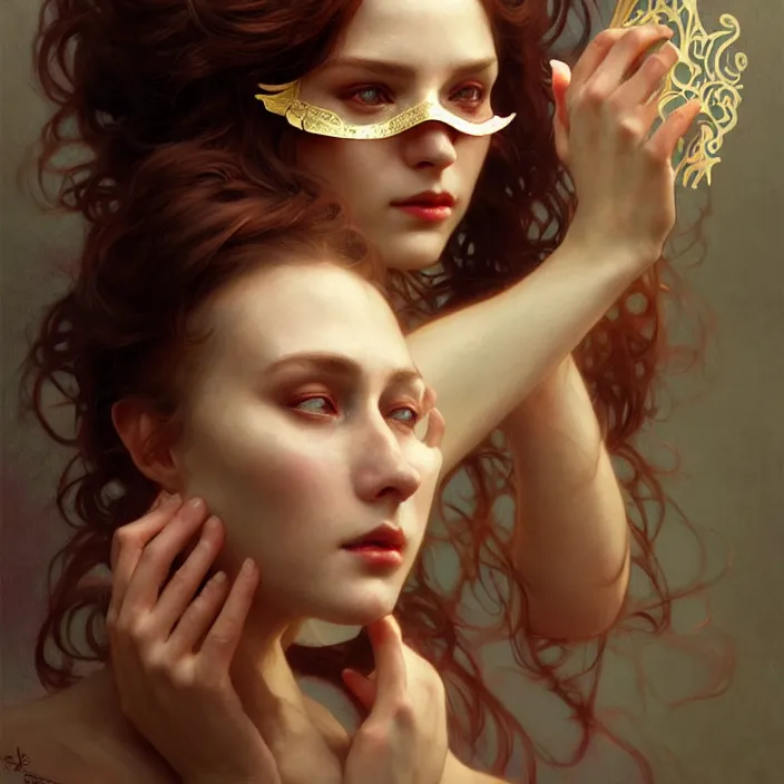 Image similar to removing mask under another mask, diffuse lighting, fantasy, intricate, elegant, highly detailed, lifelike, photorealistic, digital painting, artstation, illustration, concept art, smooth, sharp focus, art by John Collier and Albert Aublet and Krenz Cushart and Artem Demura and Alphonse Mucha