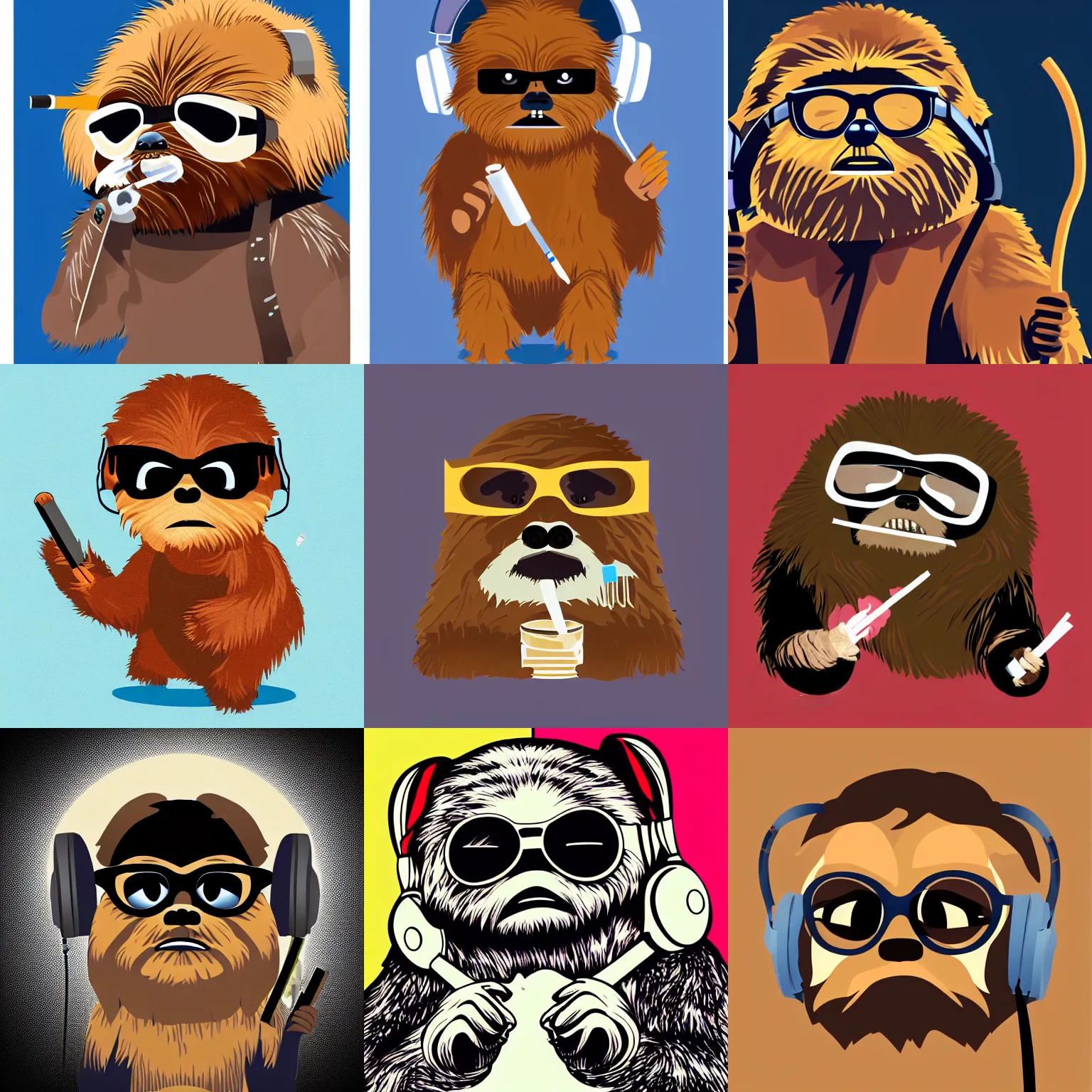 Prompt: vector artwork of an ewok wearing glasses, smoking a cigarette and wearing headphones