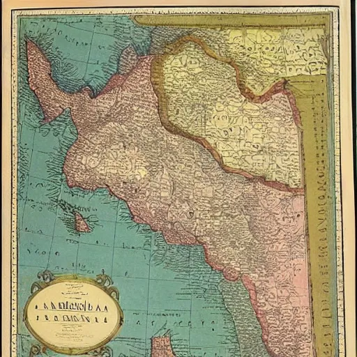 Prompt: 19th century map of the Arabic Peninsula, the middle East, Arabia, cartography, 1800s, color, history