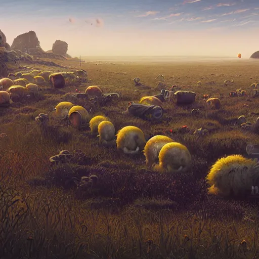 Prompt: Landscape Plains Panorama Wild enormous Hamster Behemoths roaming the windswept field simon stalenhag gerald brom christopher lovell daniela uhlig allison carl hiro izawa paul chadeisson pastel painting