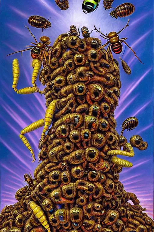 Prompt: a hyperrealistic painting of an epic boss fight against a mechanical hornets nest in a suburban neighborhood on a sunny day, cinematic horror by chris cunningham, lisa frank, richard corben, highly detailed, vivid color,