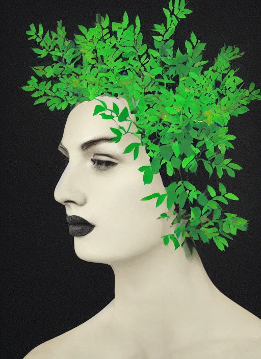 Prompt: a woman's face in profile, made of luminescent foliage, in the style of the Dutch masters and Gregory Crewdson, dark and moody, plain black background