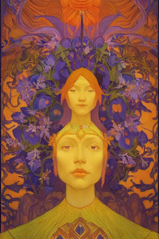 Image similar to queen of flowers, by Nicholas Roerich and Annie Swynnerton and Diego Rivera and jean delville, dramatic cinematic lighting , ornate headdress , flowing robes, sacred artifacts, lost civilizations, smooth, sharp focus, extremely detailed