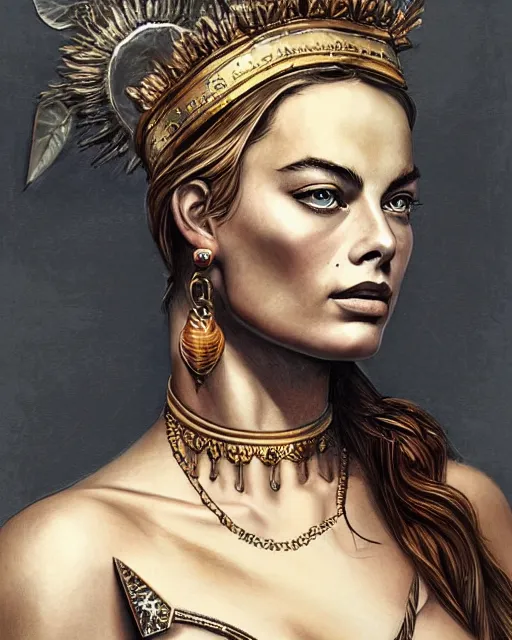 Image similar to realism tattoo sketch of margot robbie as a beautiful greek goddess aphrodite with piercing eyes wearing a laurel wreath and triangle earrings, in the style of greg rutkowski, amazing detail