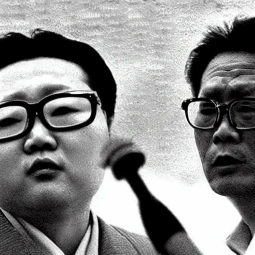 Image similar to low resolution filmstill of a north Korean thriller in the style of Kim Jong-il and Kurosawa and Cronenberg