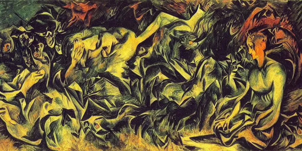 Image similar to the lotus eater at the dying of the light. umberto boccioni, caravaggio, max ernst h 7 6 8