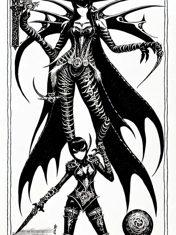 Image similar to bayonetta as a d & d monster, full body, pen - and - ink illustration, etching, by russ nicholson, david a trampier, larry elmore, 1 9 8 1, hq scan, intricate details, stylized border