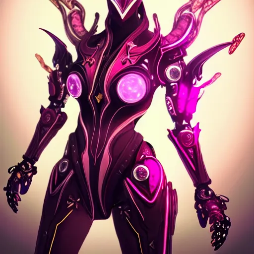 Image similar to highly detailed exquisite fanart, of a beautiful female warframe, but as a cute anthropomorphic robot dragon, glowing eyes and robot dragon head, off-white plated armor, bright Fuchsia skin, royal elegant pose, close-up body shot, epic cinematic shot, realistic, professional digital art, high end digital art, sci fi, DeviantArt, artstation, Furaffinity, 8k HD render, epic lighting, depth of field