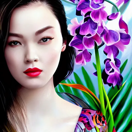 Prompt: photo realistic depiction of a beautiful woman face surrounded by giant black orchids and colorful flamingos style by stanley lau, hyper realistic