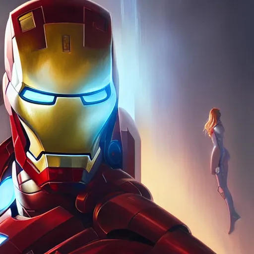 Image similar to highly detailed portrait of iron man, stephen bliss, unreal engine, fantasy art by greg rutkowski, loish, rhads, ferdinand knab, makoto shinkai and lois van baarle, ilya kuvshinov, rossdraws, tom bagshaw, global illumination, radiant light, detailed and intricate environment