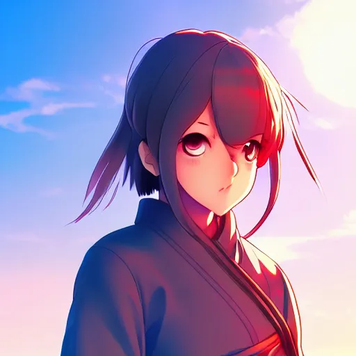 Image similar to digital anime art in the style of netflix arcane, cute female ninja sitting on an old japanese roof at golden hour, soft azure blue eyes, close up, wlop, ilya kuvshinov, backlit