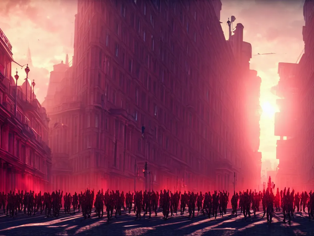 Image similar to an army of beautiful cyborgs of the elder gods in the city of London, London streets in background, colourful, dramatic lighting, golden hour, very detailed octane render very realistic beautiful