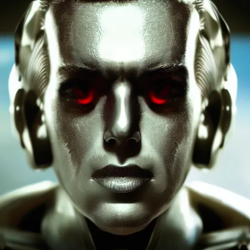 Image similar to close - up portrait photo of a t - 8 0 0 terminator with half of its face looking like marilyn monroe and half like a robot