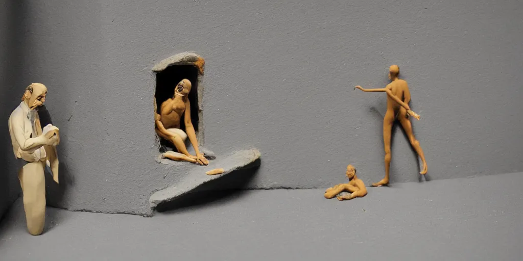 Prompt: plasticine sculpture stop motion. salvador dali models. gallery paintings figures clay. minimal. tilt shift. fish tank. visitors. photorealistic. john craxton. small hole in wall