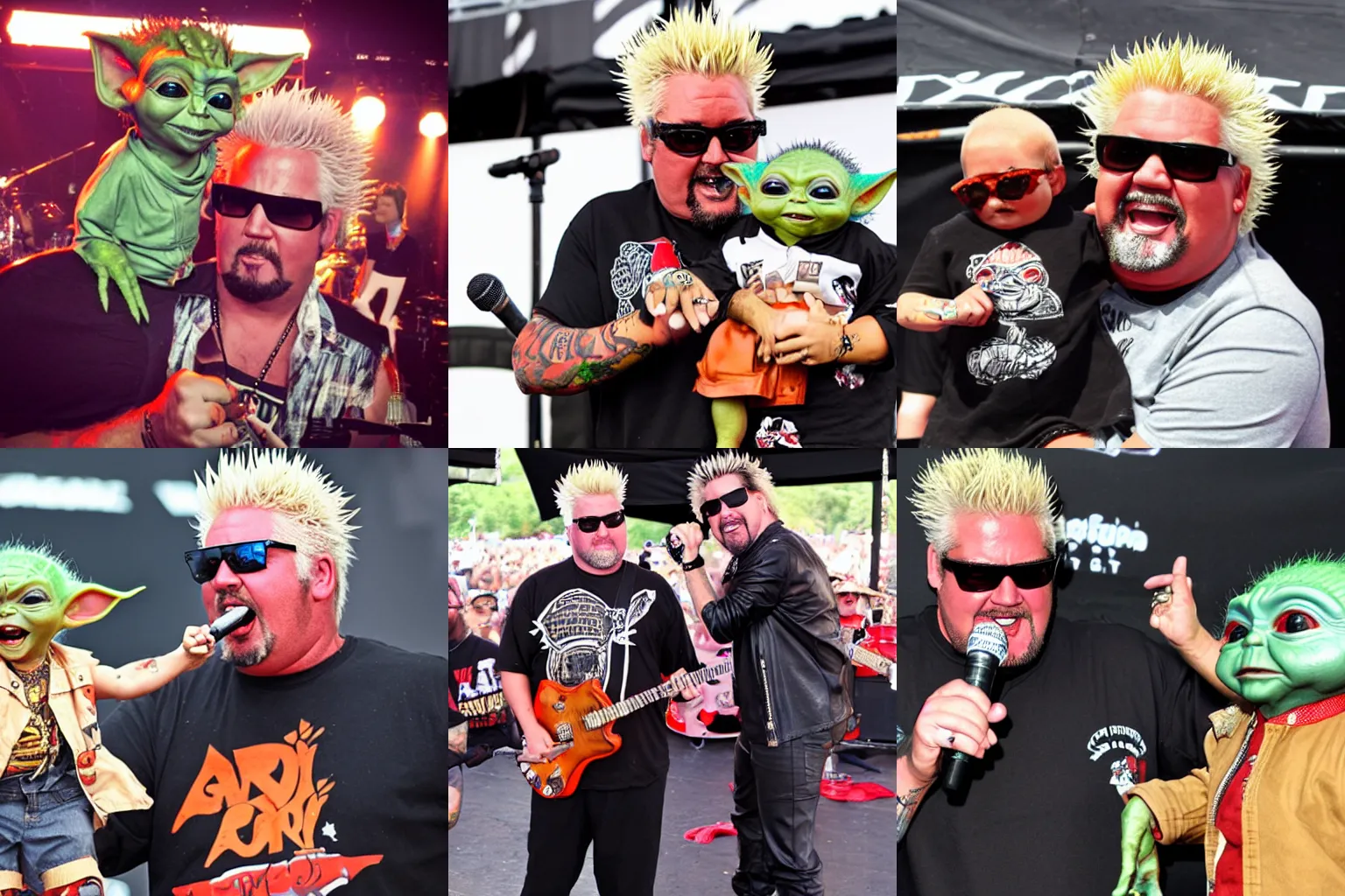 Image similar to guy fieri and baby yoda duet at warped tour