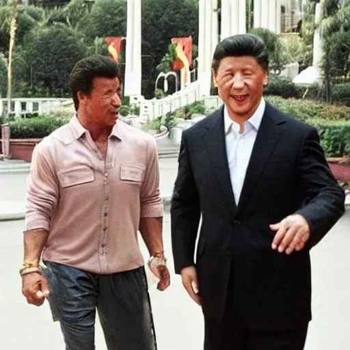 Image similar to sylvester stallone walking around laughing with xi jinping on his back