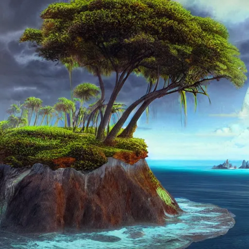 Image similar to Long forgotten island that once hosted a great civilization now gone, Tropical Island, matte painting, concept art