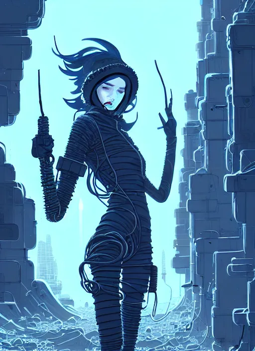 Prompt: highly detailed portrait of wasteland punk long curly white icey shard hair cyber ninja lady, stray wiring by atey ghailan, james gilleard, by joe fenton, by greg rutkowski, by greg tocchini, by kaethe butcher, 4 k resolution, gradient blue, cyan, black and white color scheme!!! ( ( snowy glaciated robotic dystopian city background ) )