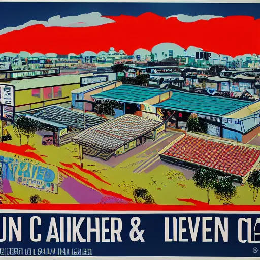 Image similar to A 1980s poster of a hawker centre and mushroom cloud