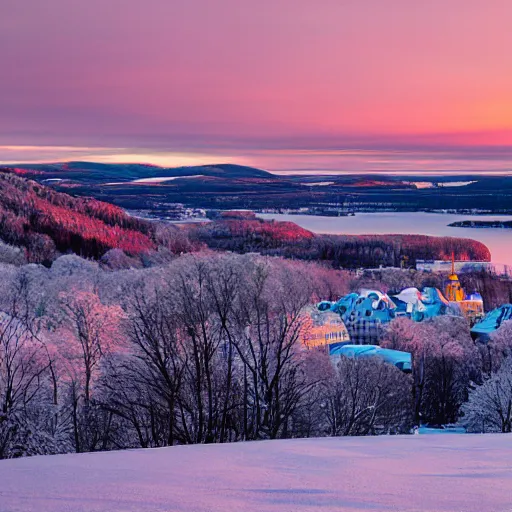 Prompt: small quebec town, winter, dawn